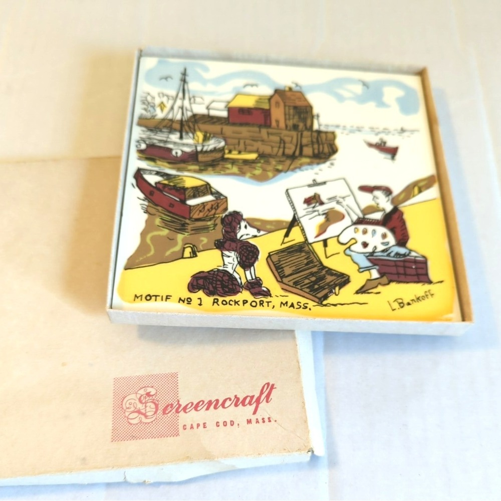 Mid Century Tile Motif No.1 Rockport, MA Artist Sgnd Lou Bankoff in Original Box